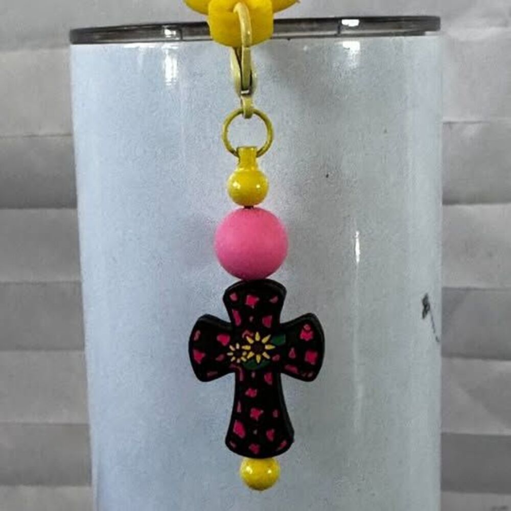 Silicone Bead Cup Charm Straw Hanger Black Pink Cross Reusable Gift